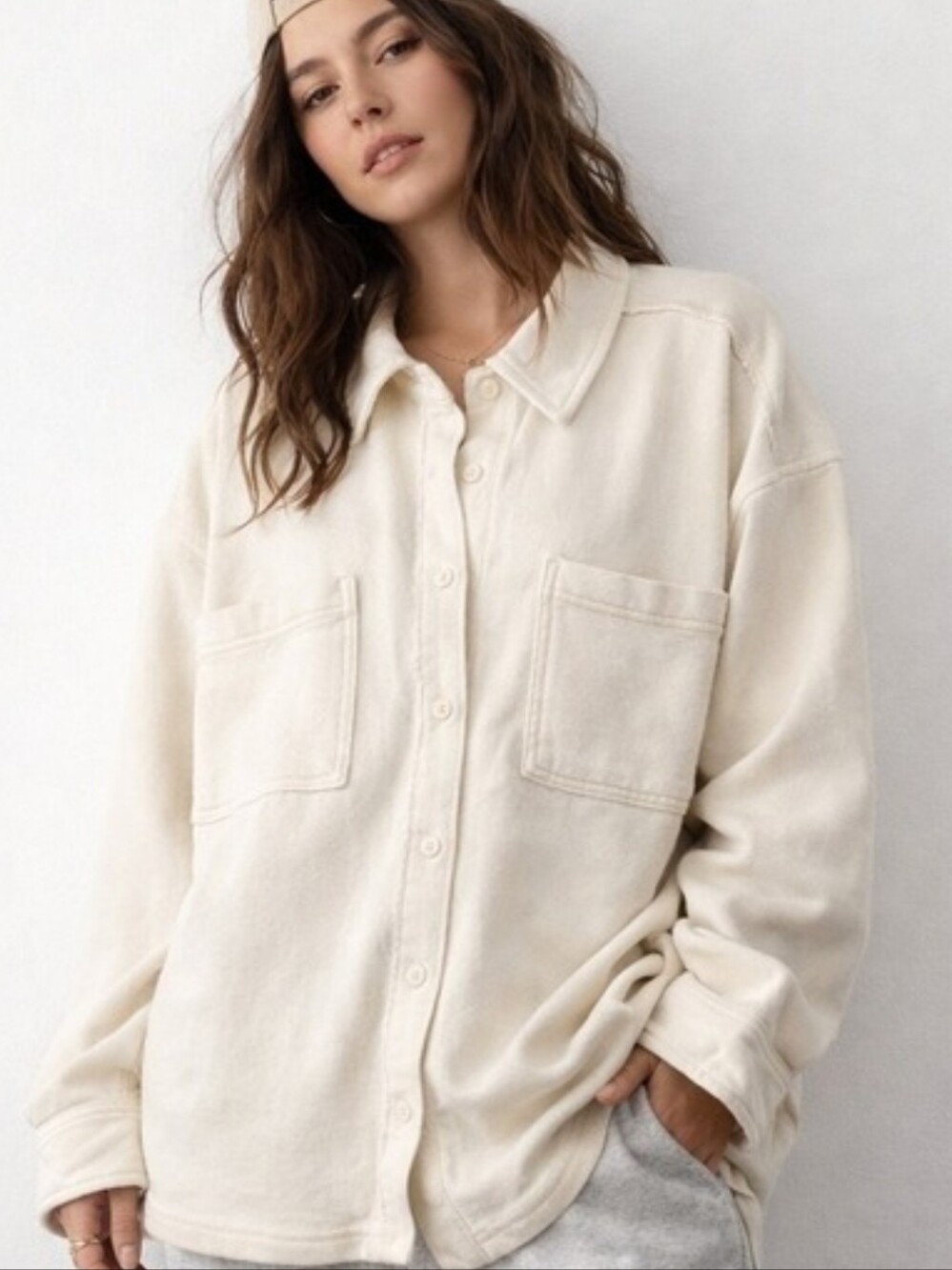 Aerie Lumber Jack Shacket Cream Button Down Oversized  Slouchy Athleisure Fall
